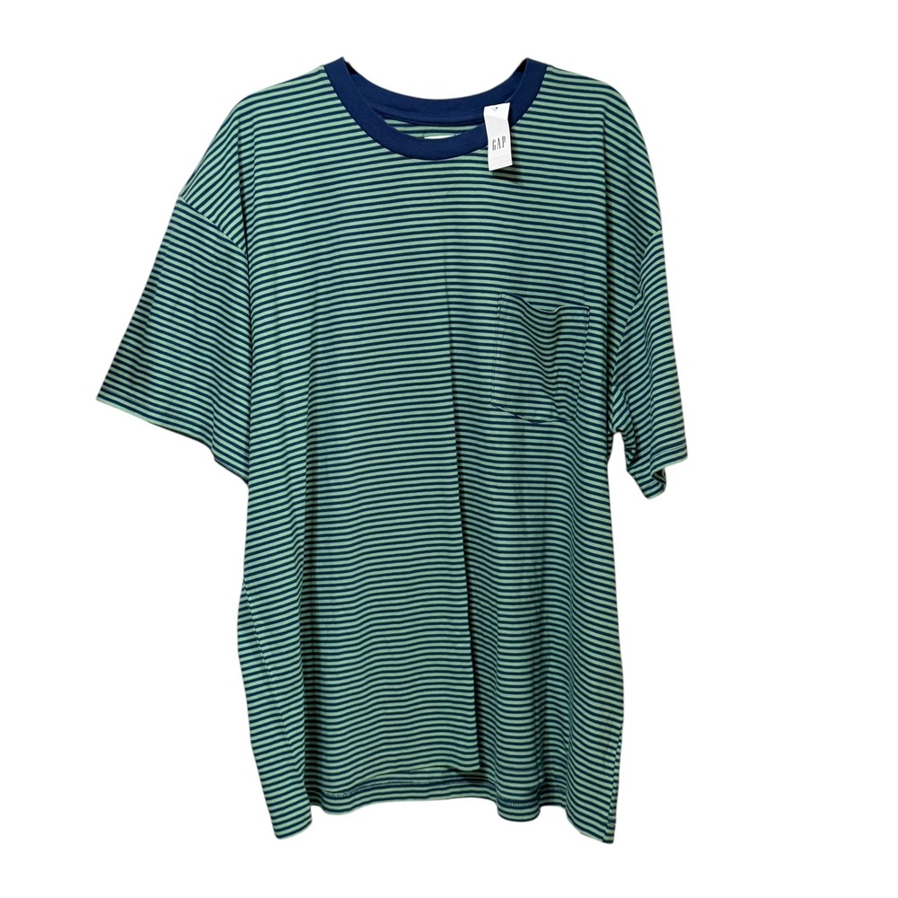 GAP Mens XXL Striped Pocket T-Shirt Green Navy Blue Short Sleeve Cotton Tee